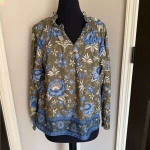 Talbots Olive and Blue Floral Top